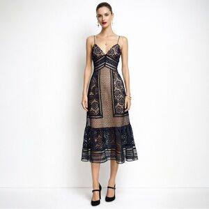 Self Portrait Dress Navy Crochet Lace Romantic Coquette Midi